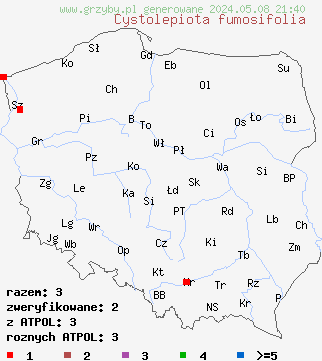 znaleziska Cystolepiota fumosifolia na terenie Polski