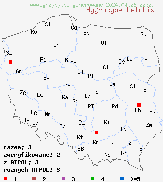 znaleziska Hygrocybe helobia (wilgotnica torfowiskowa) na terenie Polski