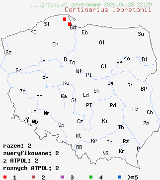 znaleziska Cortinarius lebretonii na terenie Polski