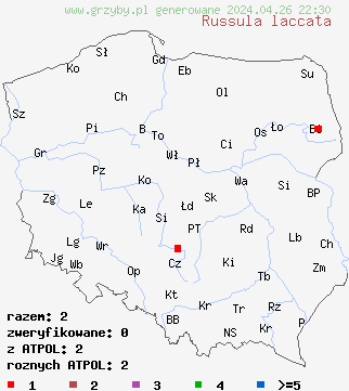 znaleziska Russula laccata na terenie Polski