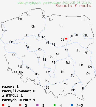 znaleziska Russula firmula (gołąbek brązowofioletowawy) na terenie Polski