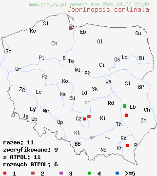 znaleziska Coprinopsis cortinata na terenie Polski