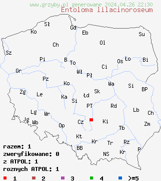 znaleziska Entoloma lilacinoroseum na terenie Polski