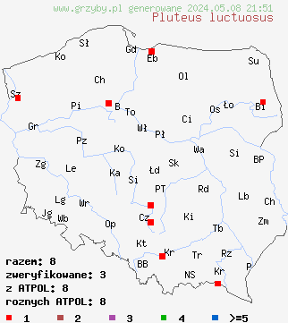 znaleziska Pluteus luctuosus (drobnołuszczak brązowoostrzowy) na terenie Polski