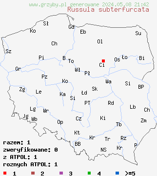 znaleziska Russula subterfurcata na terenie Polski