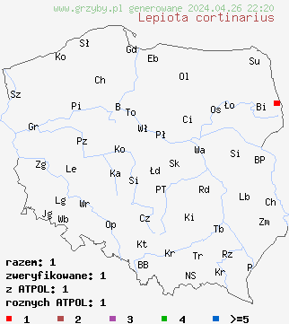 znaleziska Lepiota cortinarius na terenie Polski