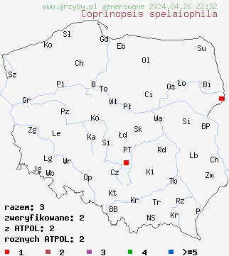 znaleziska Coprinopsis spelaiophila na terenie Polski