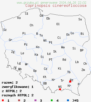 znaleziska Coprinopsis cinereofloccosa na terenie Polski