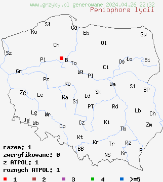znaleziska Peniophora lycii na terenie Polski
