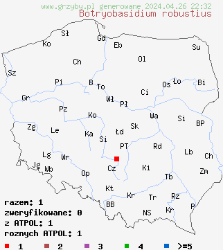 znaleziska Botryobasidium robustius na terenie Polski