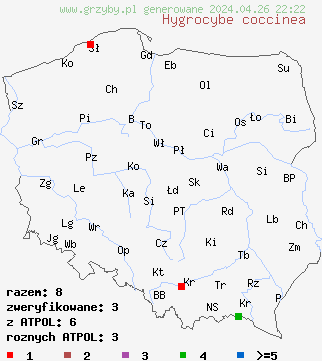 znaleziska Hygrocybe coccinea na terenie Polski