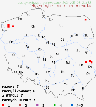 znaleziska Hygrocybe coccineocrenata na terenie Polski
