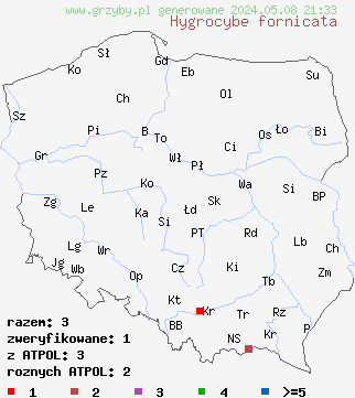 znaleziska Hygrocybe fornicata (wilgotnica sklepiona) na terenie Polski
