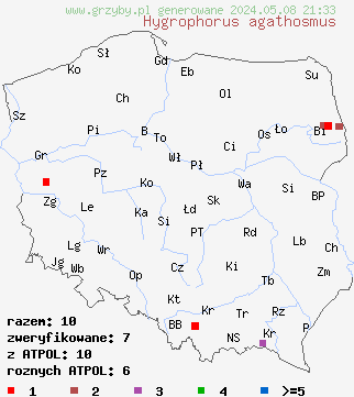 znaleziska Hygrophorus agathosmus (wodnicha pachnąca) na terenie Polski