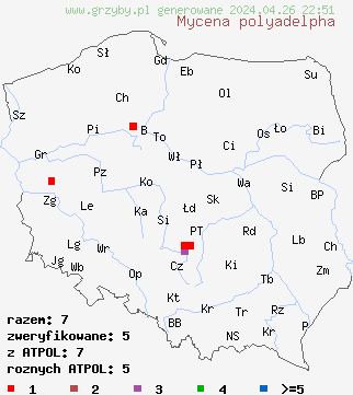 znaleziska Mycena polyadelpha na terenie Polski