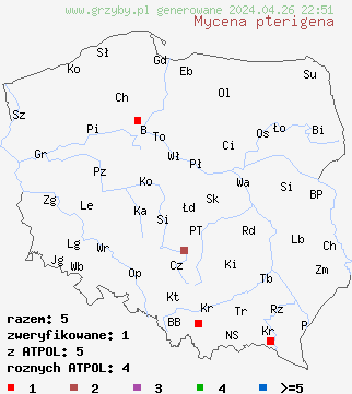 znaleziska Mycena pterigena na terenie Polski