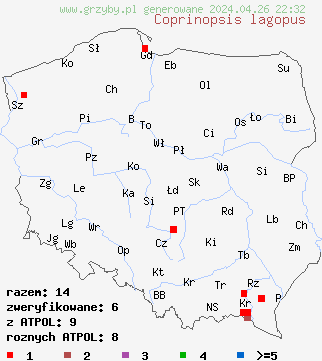 znaleziska Coprinopsis lagopus na terenie Polski
