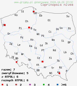 znaleziska Coprinopsis nivea na terenie Polski