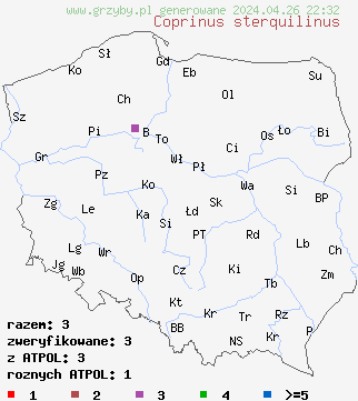 znaleziska Coprinus sterquilinus na terenie Polski